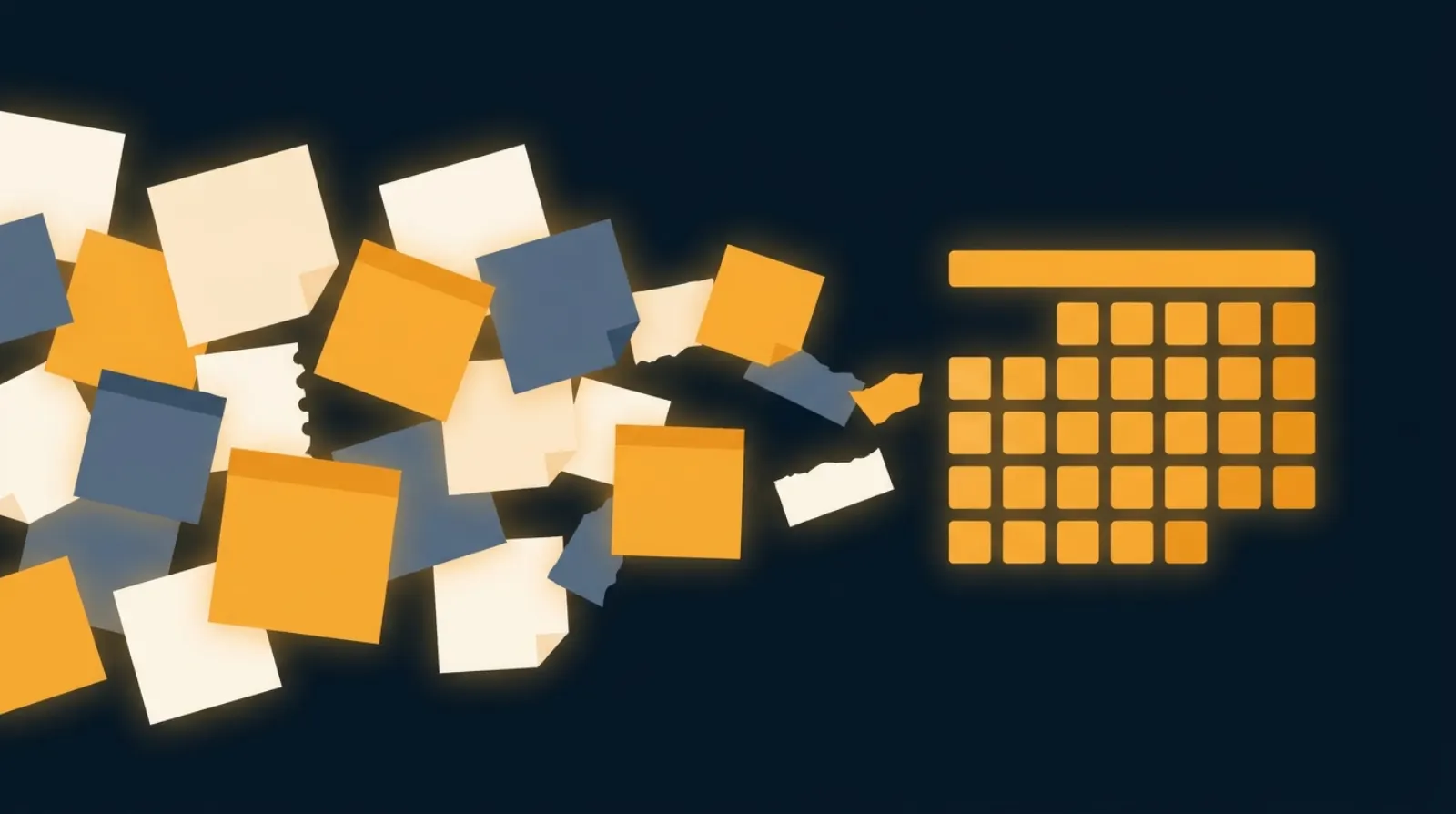 Illustration: chaotic sticky notes dissolving into a clean glowing calendar grid.