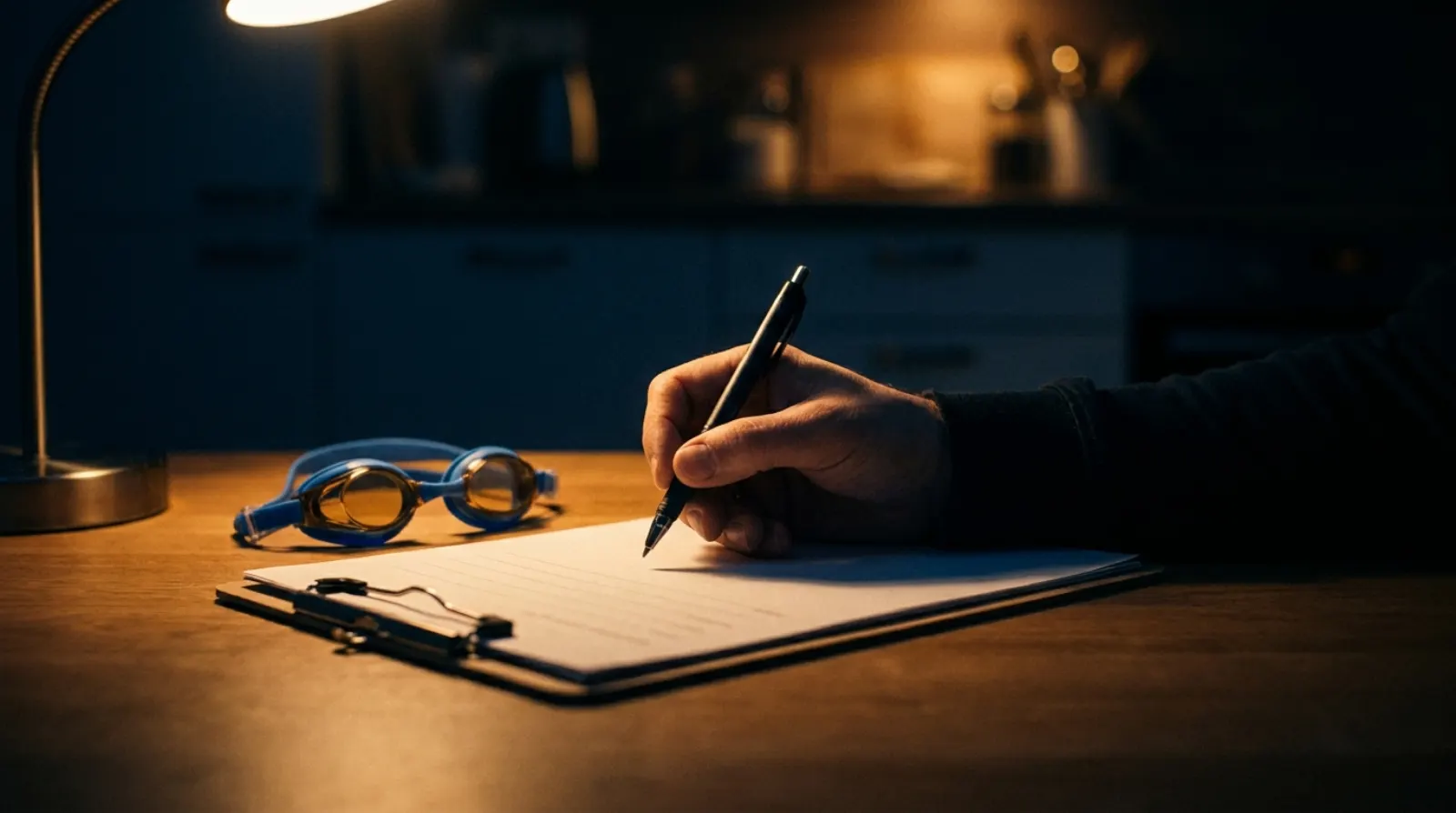 An adult hand signing a permission form on a clipboard, a pair of kids' swim goggles resting beside it.