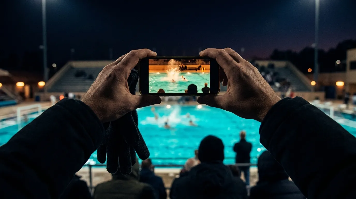 From the stands at a night water polo game, a parent's hands hold a phone that has just captured a play over water glowing turquoise from underwater lights.