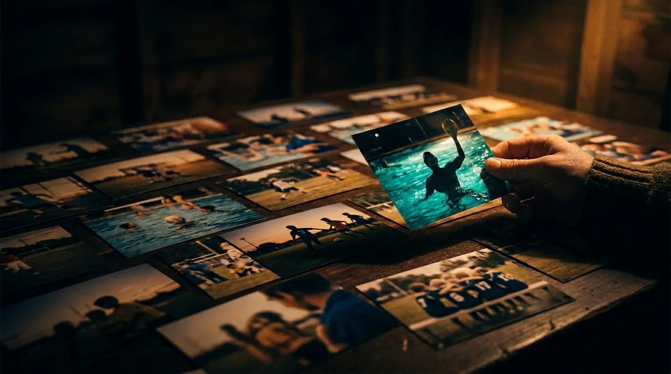In a dark room, a hand lifts one photo print into warm light from a table scattered with unsorted youth sports photos.