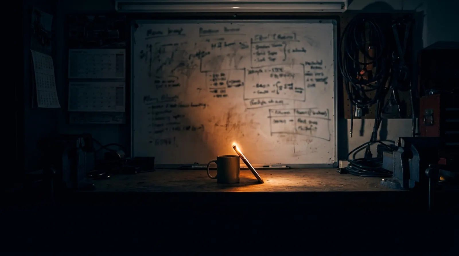 A whiteboard in a dark garage at night, lit only by the glow of a phone flashlight.