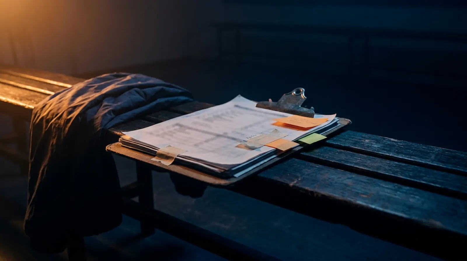 A coach's clipboard buried under layers of taped-on notes and corrections.