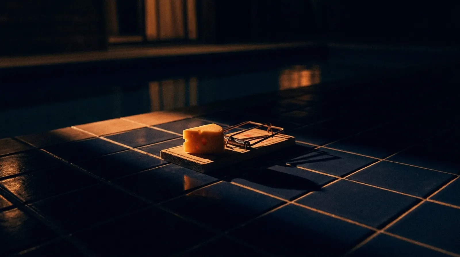 A mousetrap baited with a perfect piece of cheese on dark pool tiles.