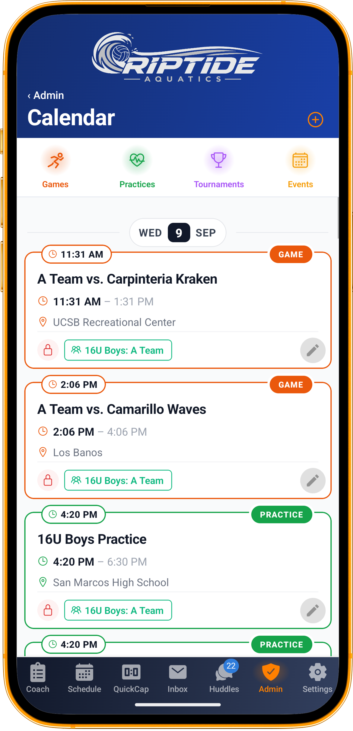 The club calendar on mobile