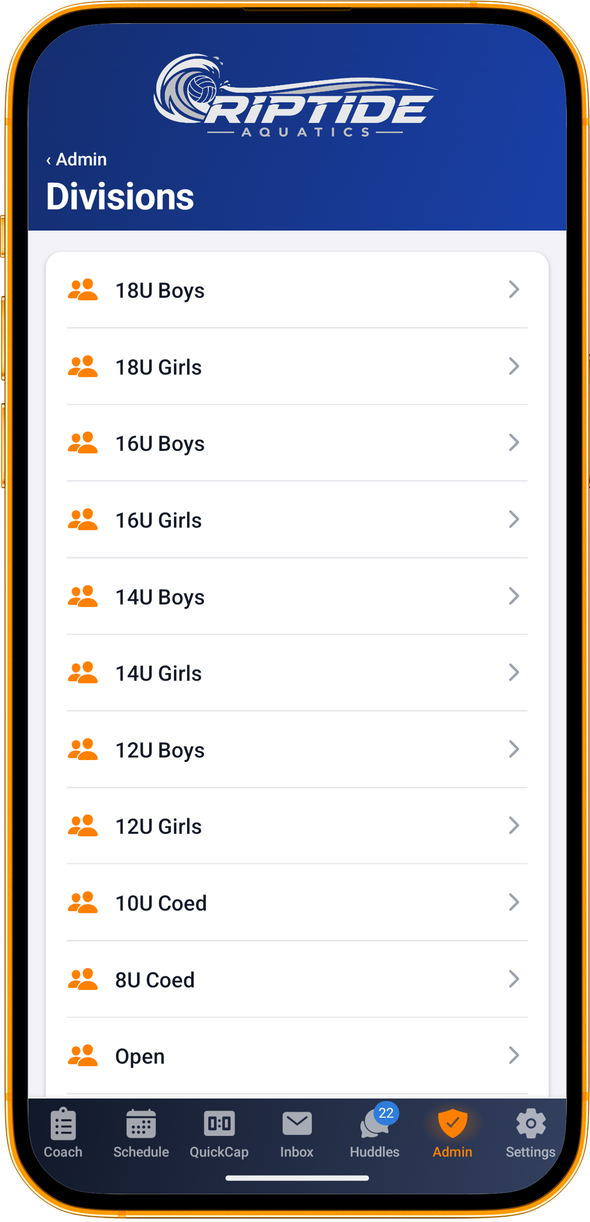 Club divisions listed from 18U down to 8U