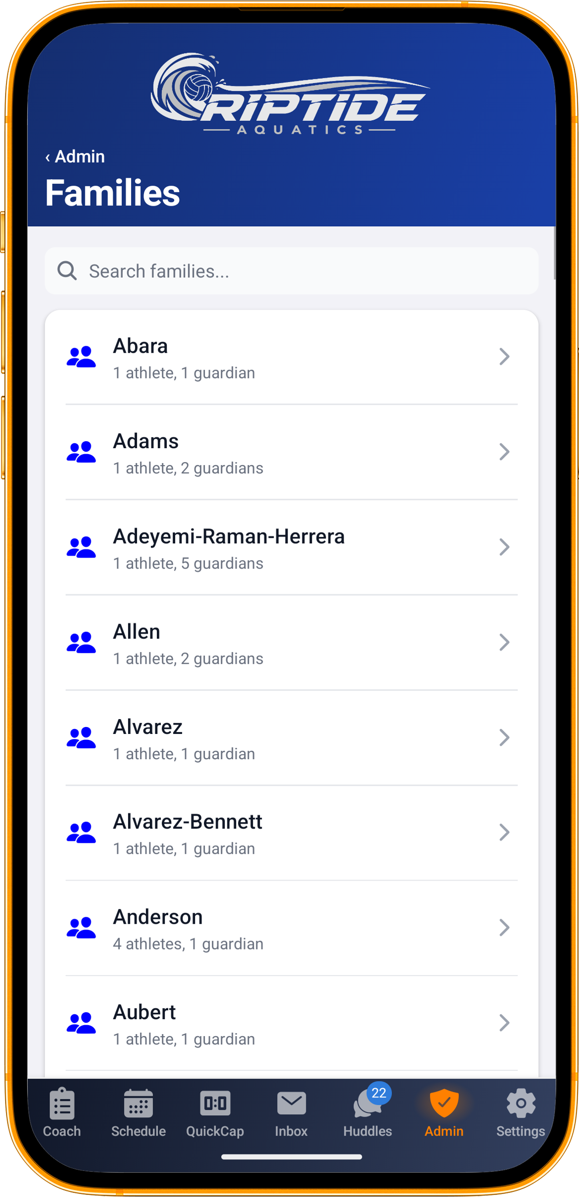 The families list in the Rostered admin app