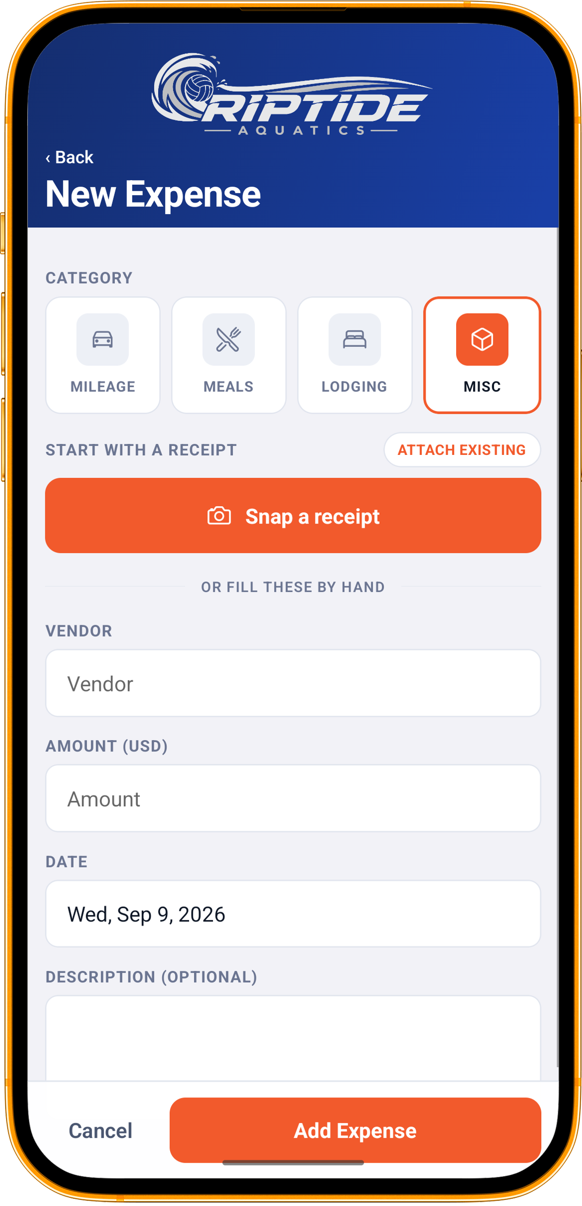 The new expense form on a phone: category, a button to snap a receipt, or vendor, amount and date to fill in by hand
