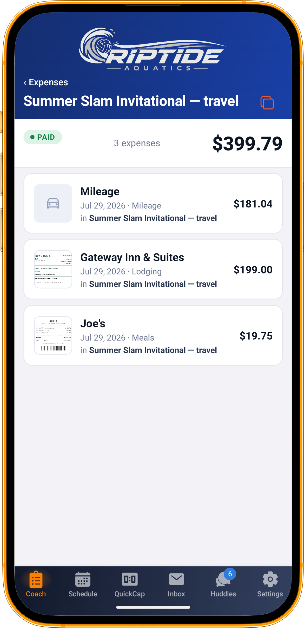 A demo club’s paid expense report for a tournament trip, with mileage, lodging and meals lines totalled