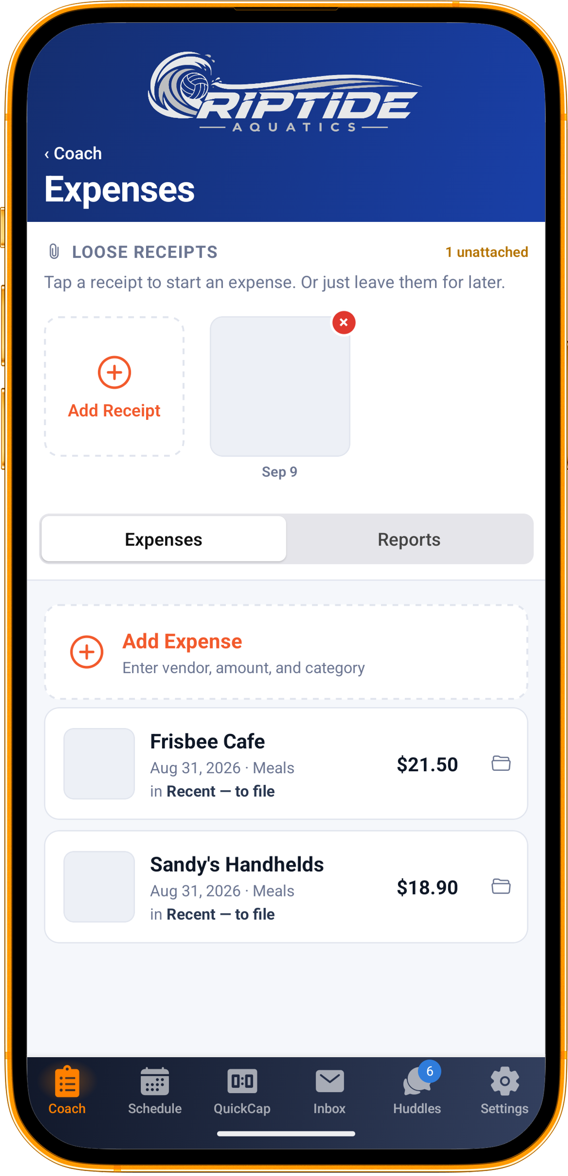 A coach’s expenses screen, with loose receipts across the top and recent expenses below