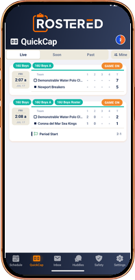 The QuickCap tab in the Rostered app showing live water polo games and scores