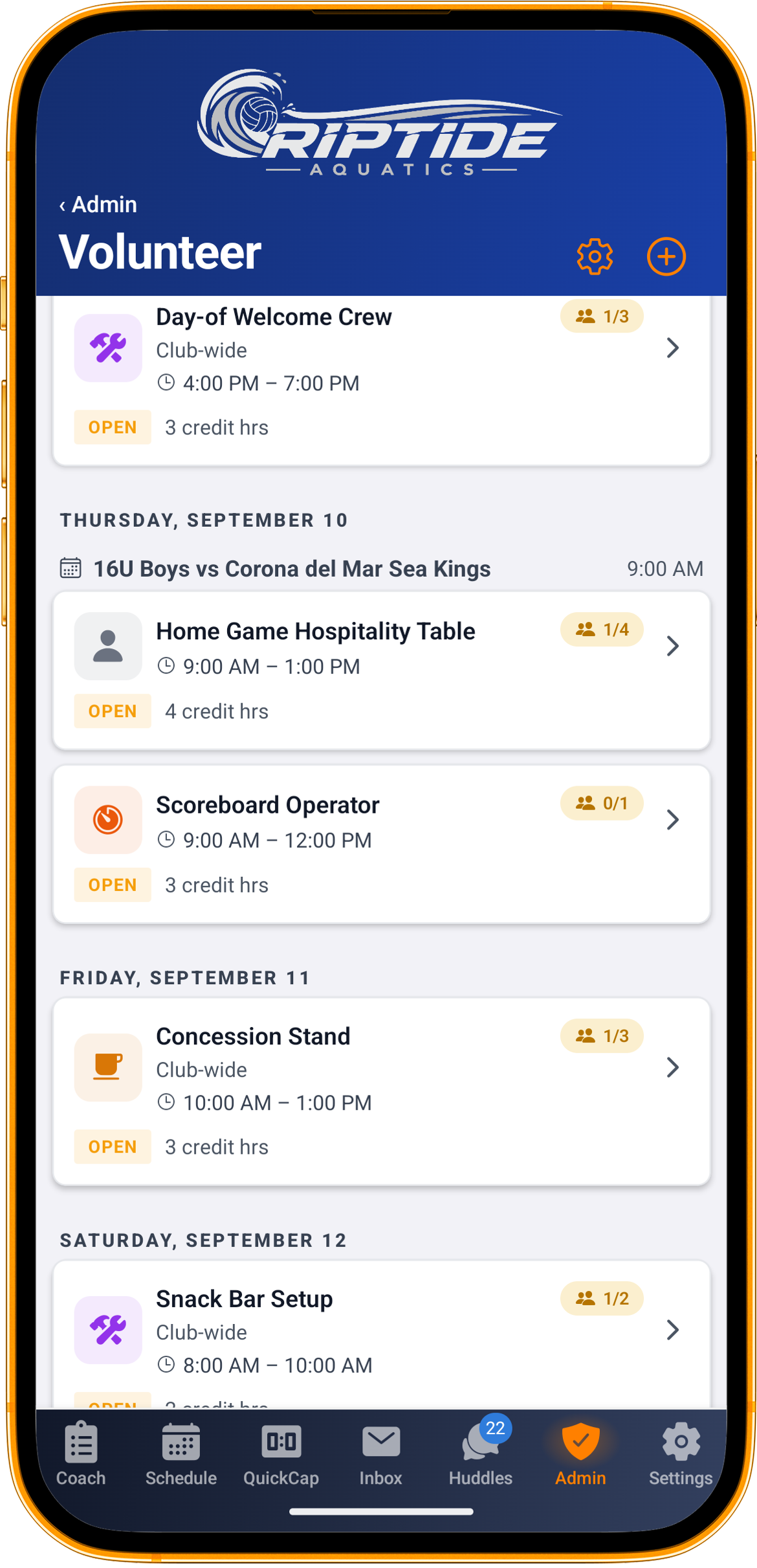 The same volunteer list on a phone: jobs grouped by day, two of them sitting under a named event, each card showing how many slots are filled and how many hours it is worth.