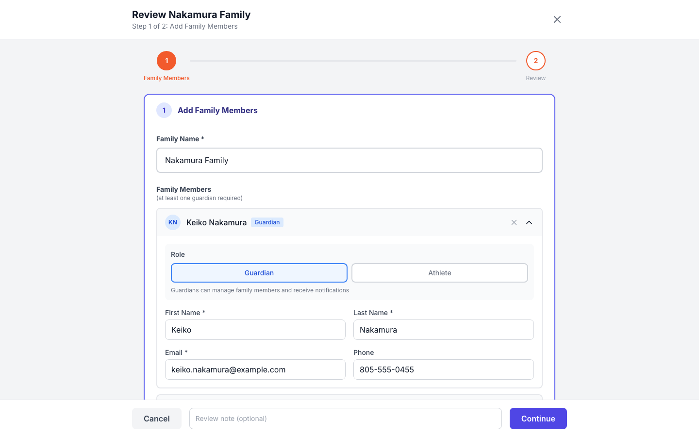 An admin reviewing a family signup against existing records