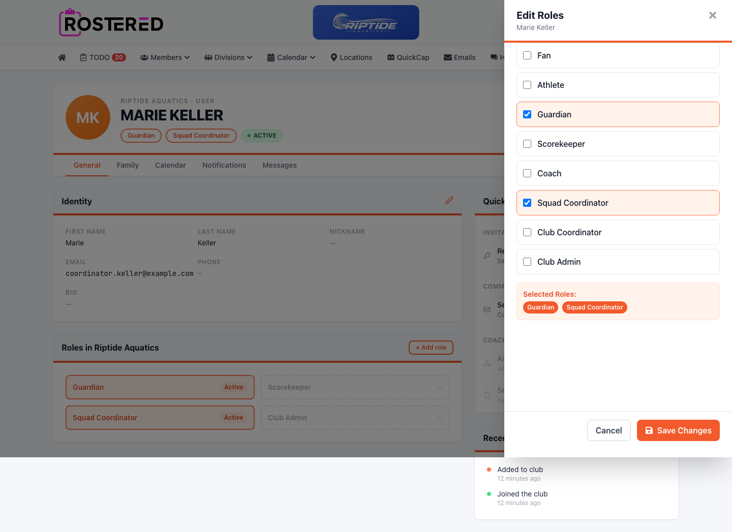 Assigning roles to a club member in Rostered on the web