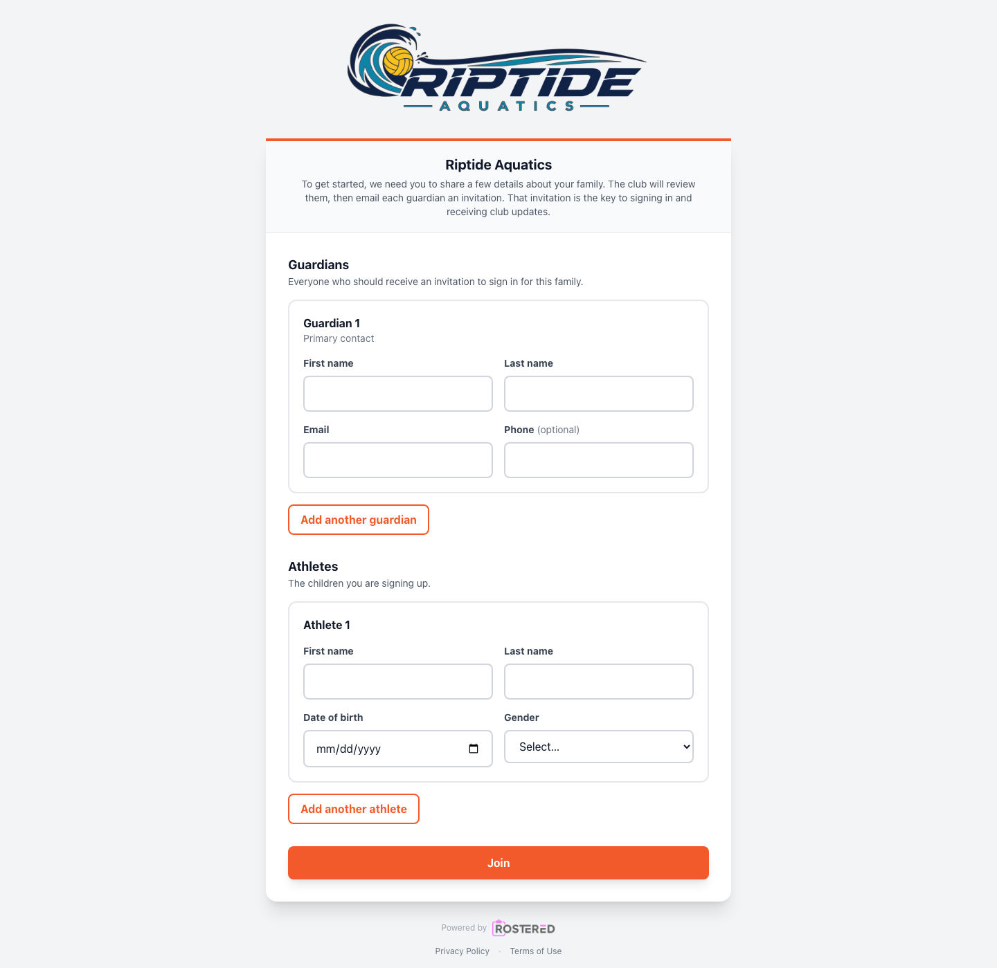 A club’s public family signup page